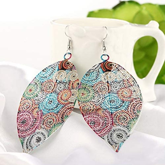 Jewelry - Sterling Silver Drop Earrings Leaf Print Vintage